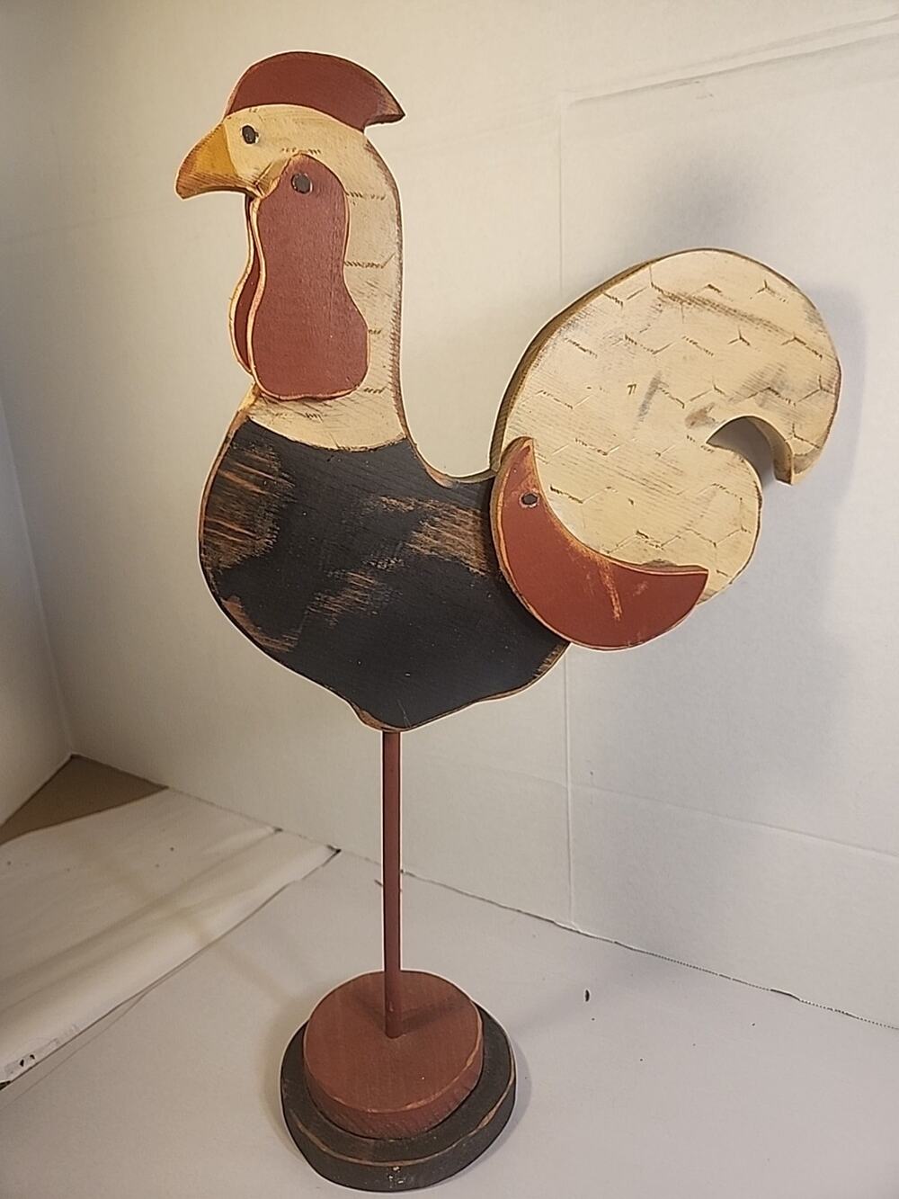 Folk Art Wooden Rooster Figurine Handmade Hand Painted Primitive Farmhouse 20.5"